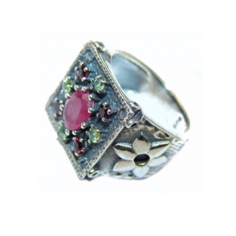 STERLING SILVER GARNET & PERIDOT STATEMENT RING - Picture 2 of 7